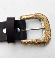 CPF23B - Ceinture cuir marron modèle "classique" avec boucle de ceinture classique western dorée