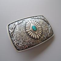 Boucle de ceinture Western Antique plaqué argent émail turquoise