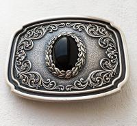 Boucle de ceinture Western originale vintage plaqué argent et pierre noire obsidienne