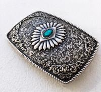 Boucle de ceinture Western Antique plaqué argent émail turquoise