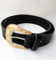 CPF23 - Ceinture cuir noir modèle "classique" avec boucle de ceinture classique western dorée