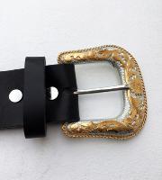 CPF23 - Ceinture cuir noir modèle "classique" avec boucle de ceinture classique western dorée