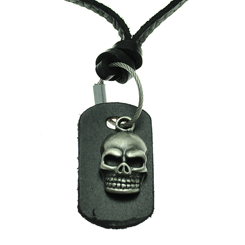 Pendentif Dog tag tête de mort cuir