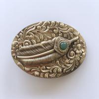 Boucle de ceinture laiton massif Western plume et pierre