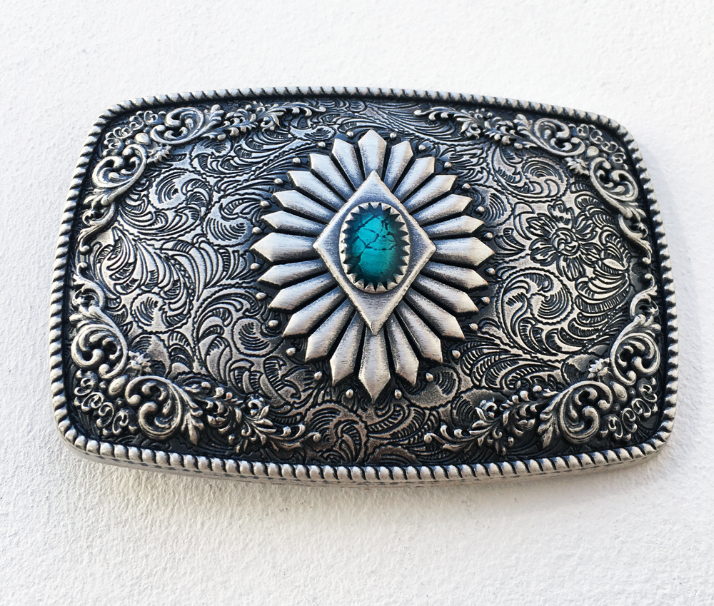 Boucle de ceinture Western Antique plaqué argent émail turquoise