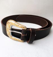 CPF23B - Ceinture cuir marron modèle "classique" avec boucle de ceinture classique western dorée