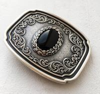 Boucle de ceinture Western originale vintage plaqué argent et pierre noire obsidienne