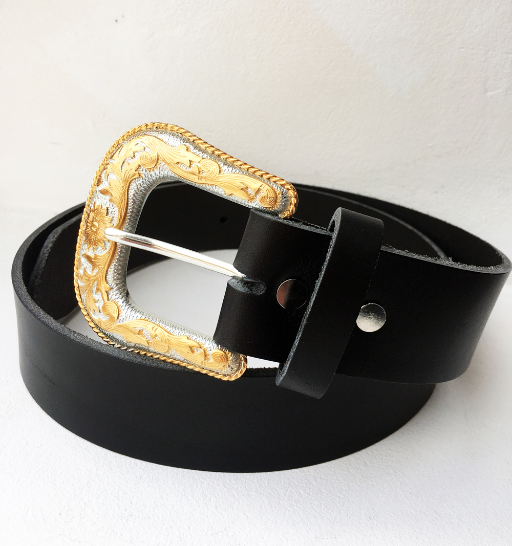C23 - Ceinture cuir noir avec boucle de ceinture classique western dorée