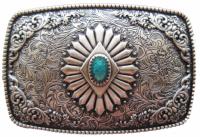 Boucle de ceinture Western Antique plaqué argent émail turquoise