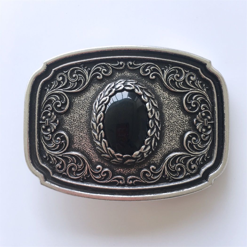 Boucle de ceinture Western originale vintage plaqué argent et pierre noire obsidienne