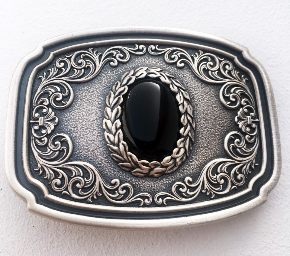 Boucle de ceinture Western originale vintage plaqué argent et pierre noire obsidienne